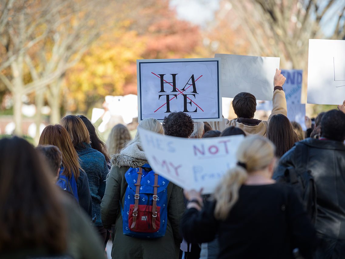 A peaceful, silent march of students, faculty, staff, and Newark community members who feel unrepresented by the results of the 2016 election. The group left from Memorial Hall, proceeded south along Main Street, and returned to Memorial before concluding with speeches and remarks by participants. - (Evan Krape / University of Delaware)