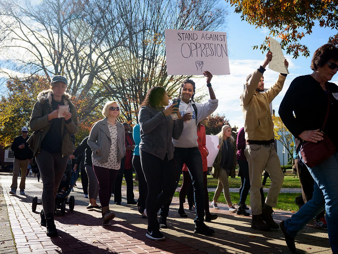 A peaceful, silent march of students, faculty, staff, and Newark community members who feel unrepresented by the results of the 2016 election. The group left from Memorial Hall, proceeded south along Main Street, and returned to Memorial before concluding with speeches and remarks by participants. - (Evan Krape / University of Delaware)