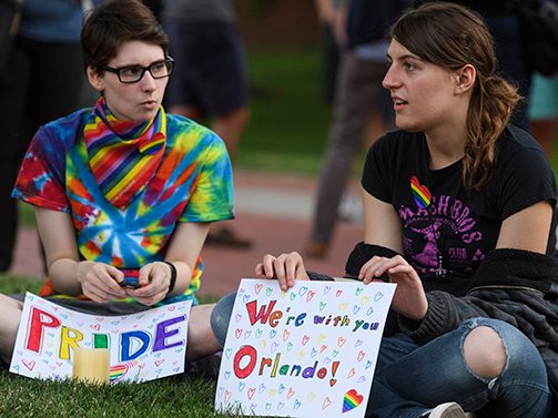 Students & staff gather to remember the victims of the Orlando, FL shooting in Pulse nightclub with a candlelight vigil.