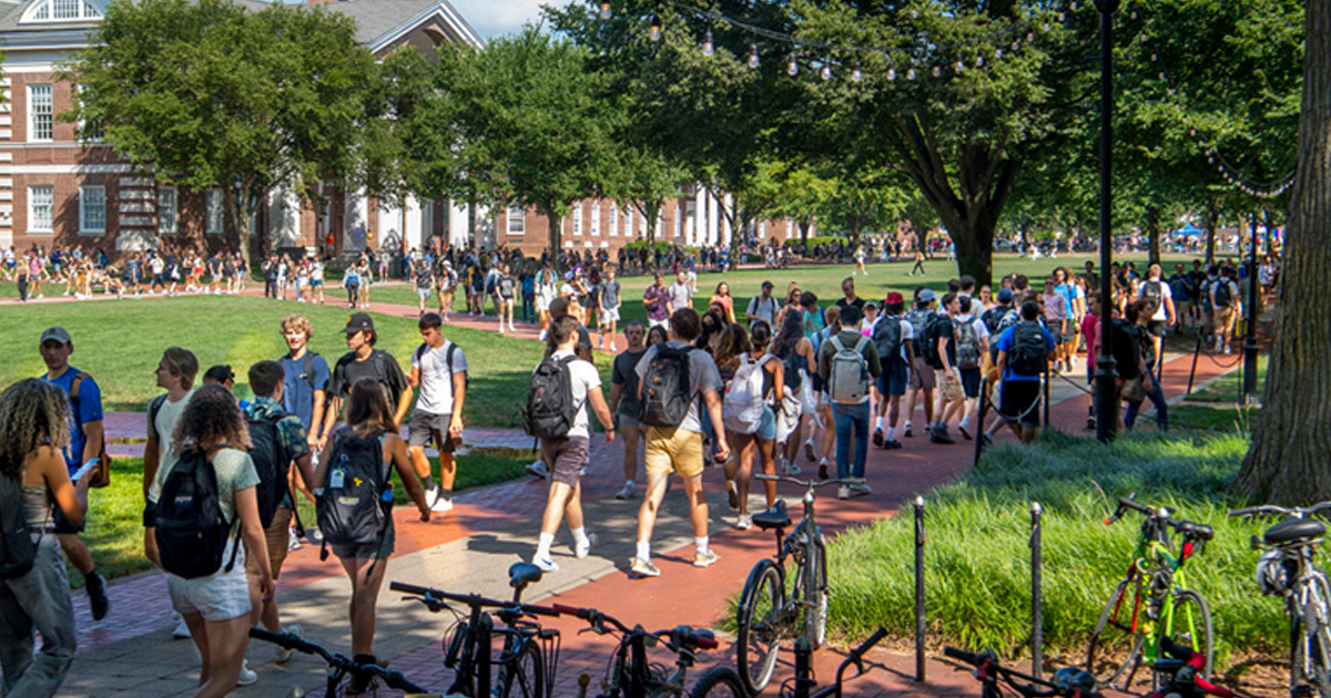 Students walking on campus between classes