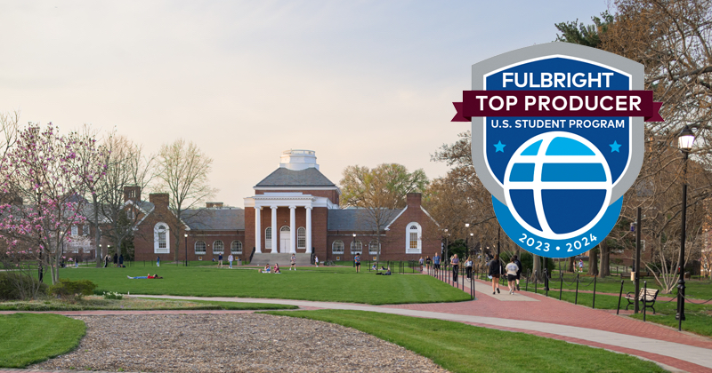 Formal Fulbright logo that recognizes UD as a Top Producer of Fulbright U.S. Students. The logo is sitting over the right side of a rectangular image of UD's campus at dusk.