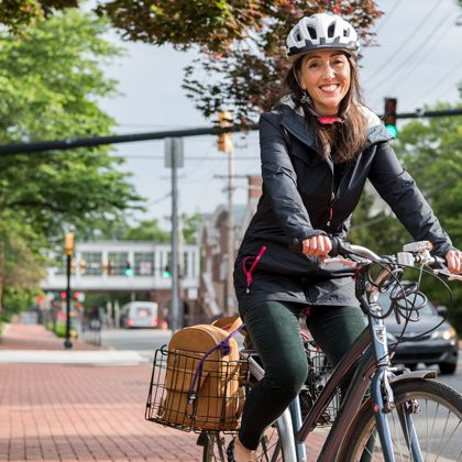 Christine Schultz, Honors Program, rides her bike to work everyday.  This is an advance for the Bike To Work Day, May 17, 2019.  