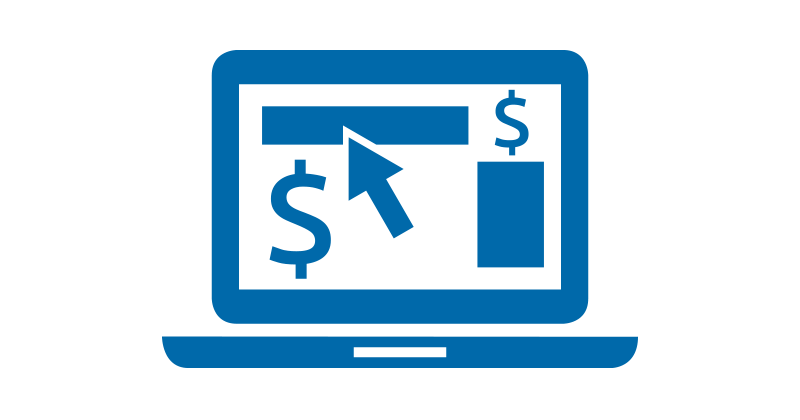 Icon of Computer with Marketing Spend and Graphs on it