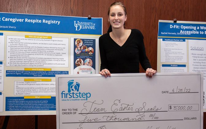 Riley Pettit, a junior cognitive science major on the speech-language pathology track, won $5,000 in seed grant money to help Easterseals create a respite care registry. 