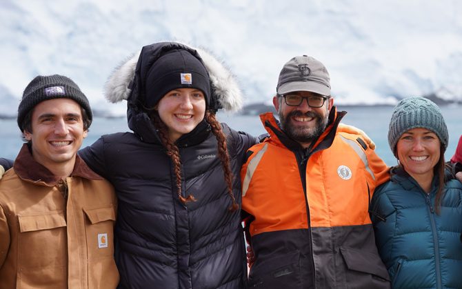 The University of Delaware was well represented on a National Science Foundation (NSF) Long-Term Ecological Research (LTER) cruise to Palmer Station in Antarctica in the fall and winter of 2021. Pictured from left to right are: Joe Gradone, who received his masters from UD in 2018, Rachel Davitt, a junior at UD, Carlos Moffat, assistant professor in the School of Marine Science and Policy, Megan Cimino, who received her doctorate in oceanography from UD in 2016, and Michael Cappola, a junior at UD.