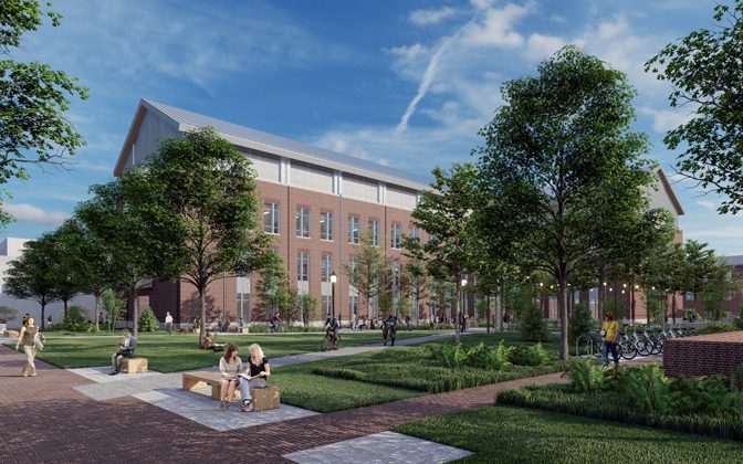 Artist’s representation of Building X, a state-of-the-art science facility on the UD Newark Campus that is expected to open in fall semester 2024.