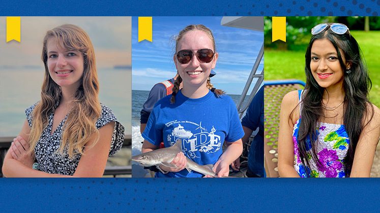 UD undergraduates, from left, Rebecca Beswick, Renea Briner and Ishika Govil have received the prestigious Goldwater Scholarship.