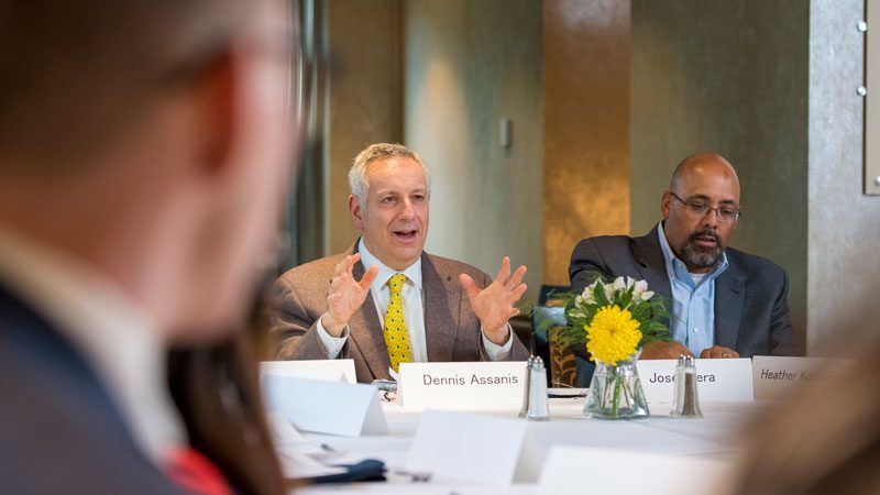 UD President Dennis Assanis and Vice President for Student Life José-Luis Riera welcome students to the first meeting of the President's Student Advisory Council.