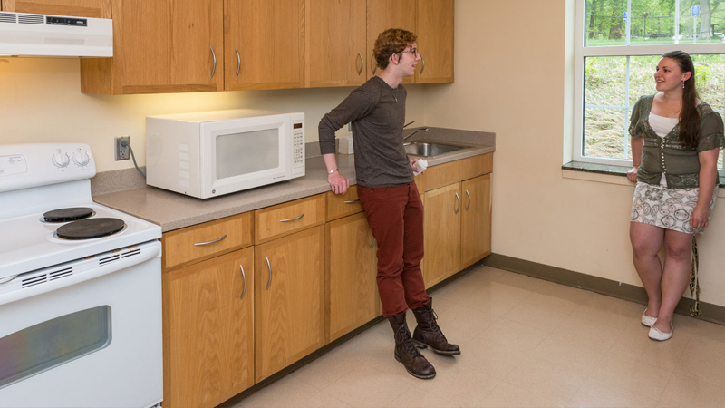 two students stand in a kitchen space with a stove/oven on the left, cabinets above and below on the left wall and a microwave and sink at the counter.