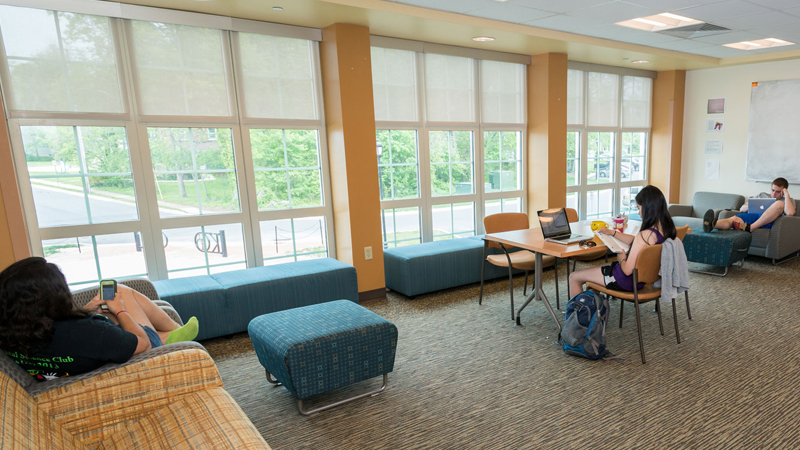 Students sitting in various chairs with different tables participating in different activities in the lounge space. There is a dry erase board mounted on the back wall, and windows along the left wall.