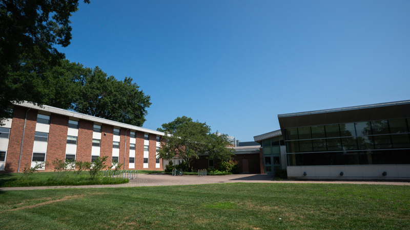 View of part of the Russell complex with the front of the dining hall in the right part of the picture.