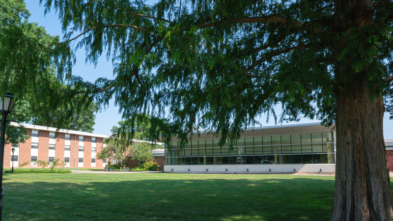 View of part of the Russell complex with the front of the dining hall in the middle part of the picture.