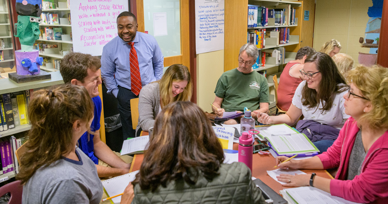 Math teachers from several classes at Talley Middle School in Wilmington, Delaware participate in professional development led by UD’s Professional Development Center for Educators (PDCE).