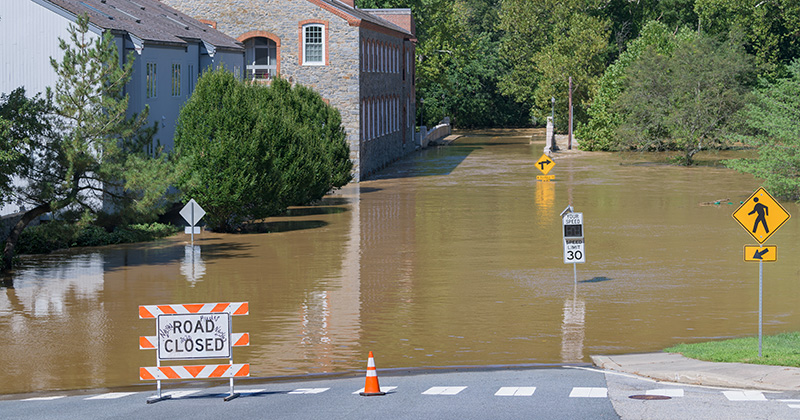 Image of flooding in the street resulting from flooding of Brandywine Creek after Hurricane Ida