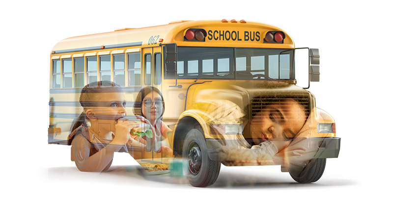 Collage with children and school bus