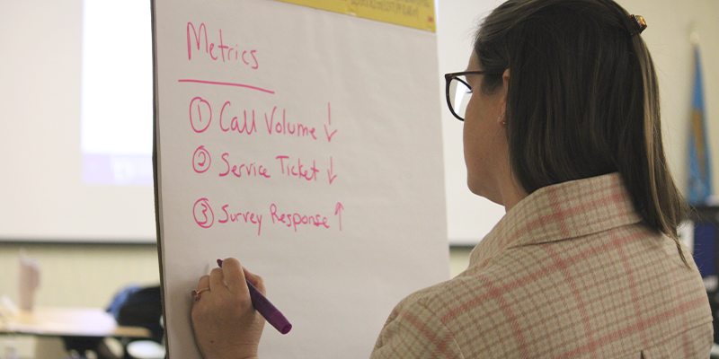 Photo of Sarah Marshall writing a poster board during small group session