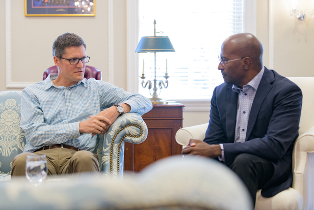 Senior Fellow Van Jones speaking with Dr. Phil Barnes at the Biden Institute