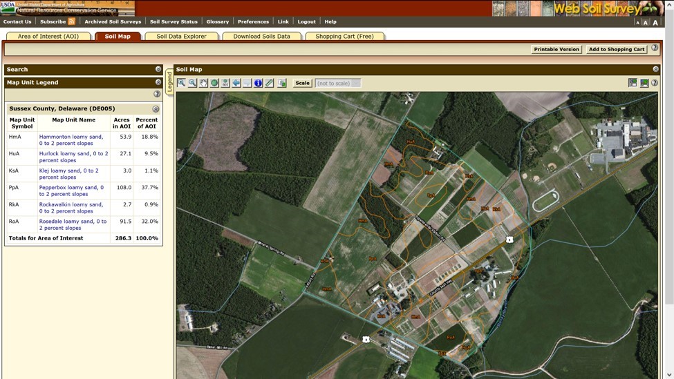 Figure 5. The soil map shows soil map units outlined in orange and includes the map unit legend in the left panel for the UD Carvel Research and Education Center in Georgetown, DE.