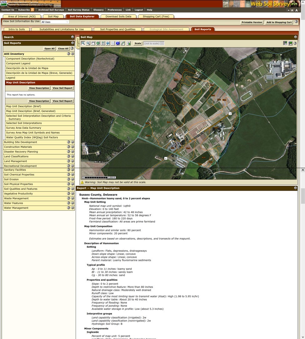 Figure 6. This view shows the map highlighting each map unit in the area of interest. The table includes detailed information about each map unit.