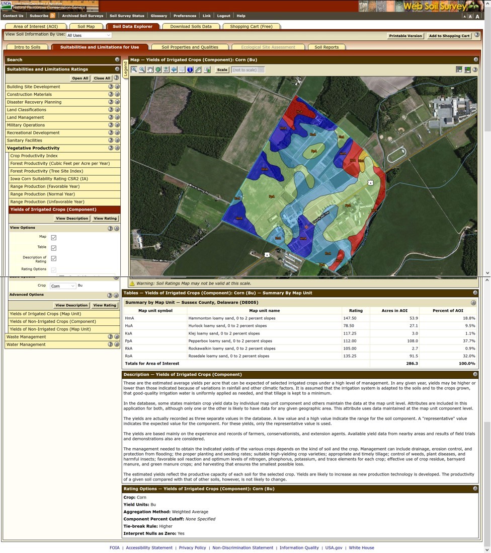 Figure 8. Ratings map of yields of irrigated crops as shown in the USDA-NRCS Web Soil Survey. The map is color coded and the table below the map will give more details about yields for each map unit.