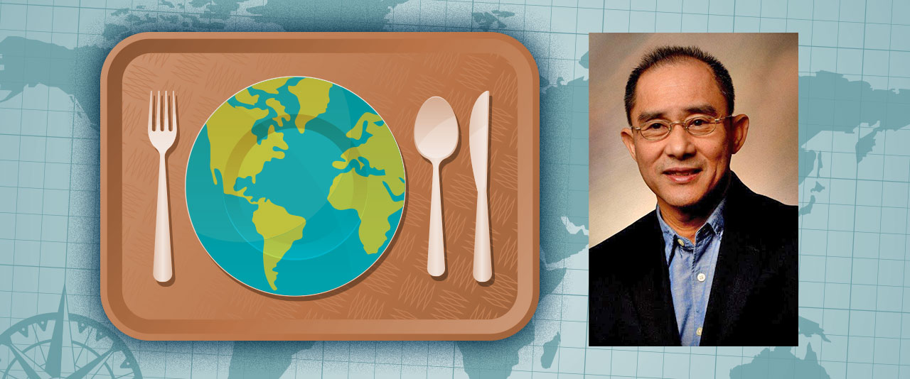 Rudy Nayga's headshot and an illustration of a cafeteria lunch tray with a global plate