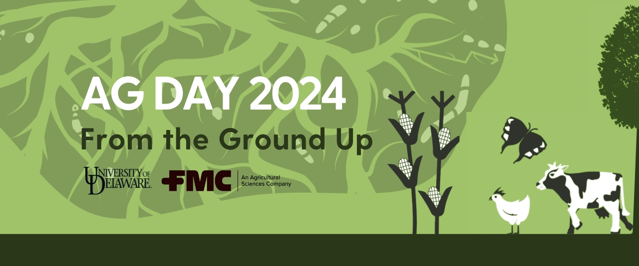 Ag Day graphic with farm animals, a tree and soil.