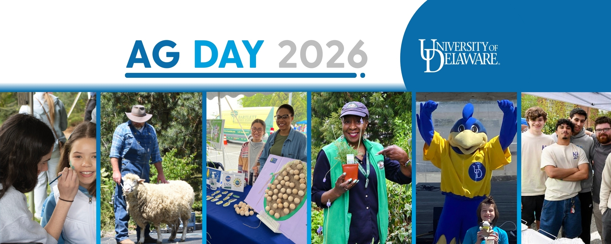 A collage of people enjoying Delaware Ag Day, including eating ice cream, a sheep shearing demonstration, and buying plants.