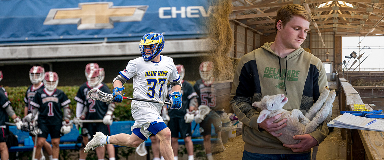 First photo: OJ Morris running down the lacrosse field. Second photo: Morris cares for a sheep.