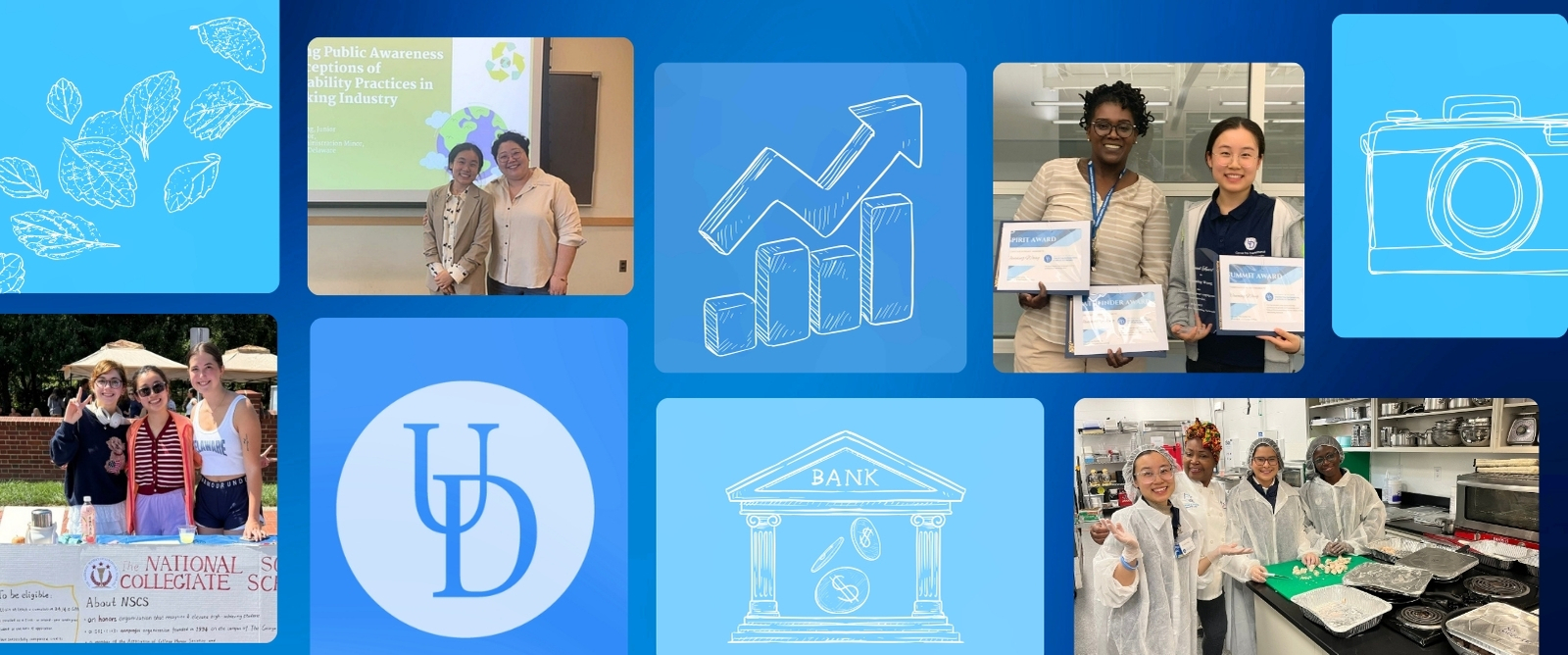 A collage of Wanning Wang's interests and awards.