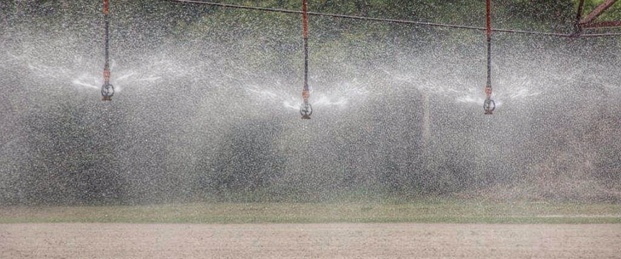 Irrigation pipes spraying water down on an agricultural fields