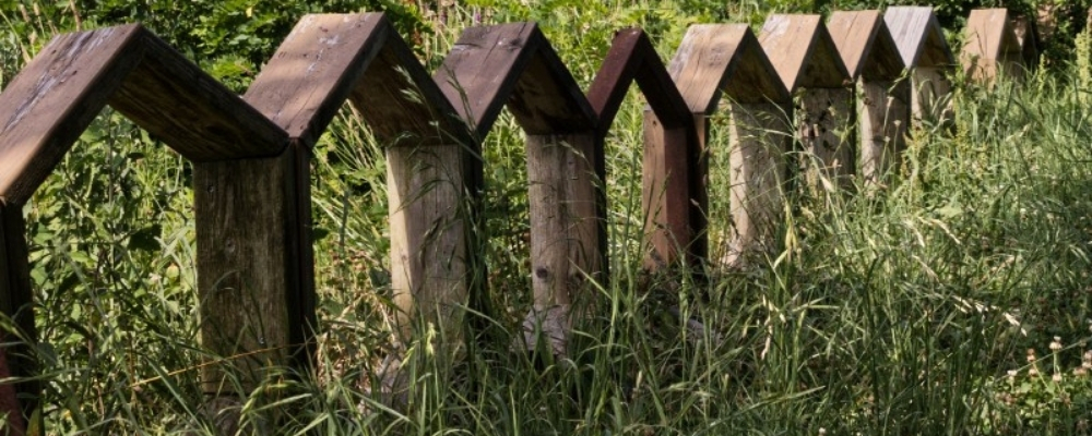 Wooden bee hexagon shapes on the grass near the UD Apiary.