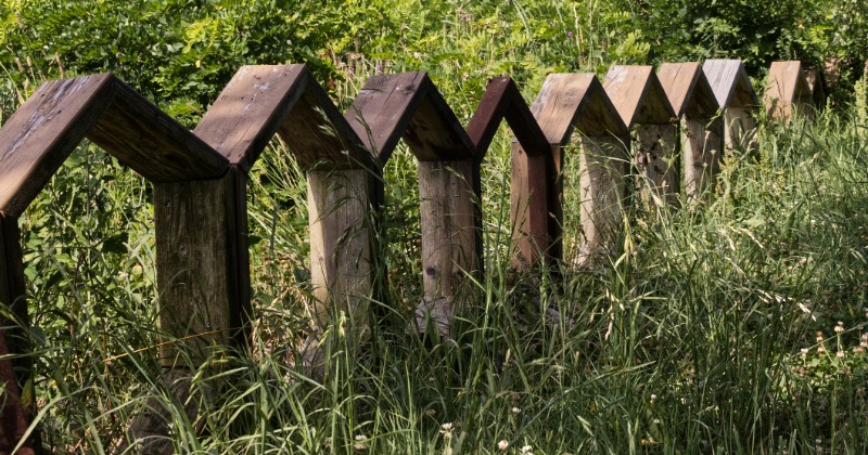 Wooden bee hexagon shapes on the grass near the UD Apiary