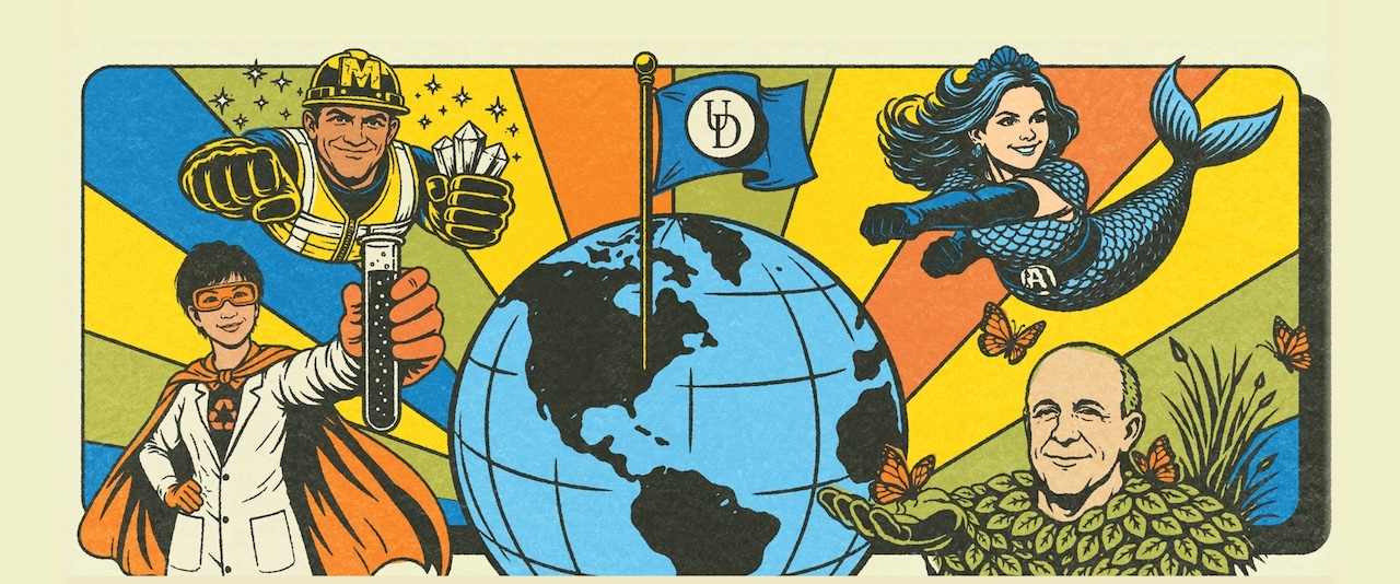A cartoon of four impressive UD researchers making the Earth a better place.