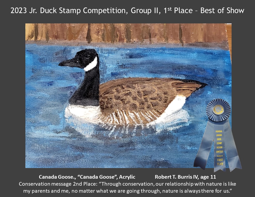 2023 Jr. Duck Stamp Competition, Group II, 1st Place - Best of Show; Robert T. Burris IV, age 11; Canada Goose., "Canada Goose", Acrylic
