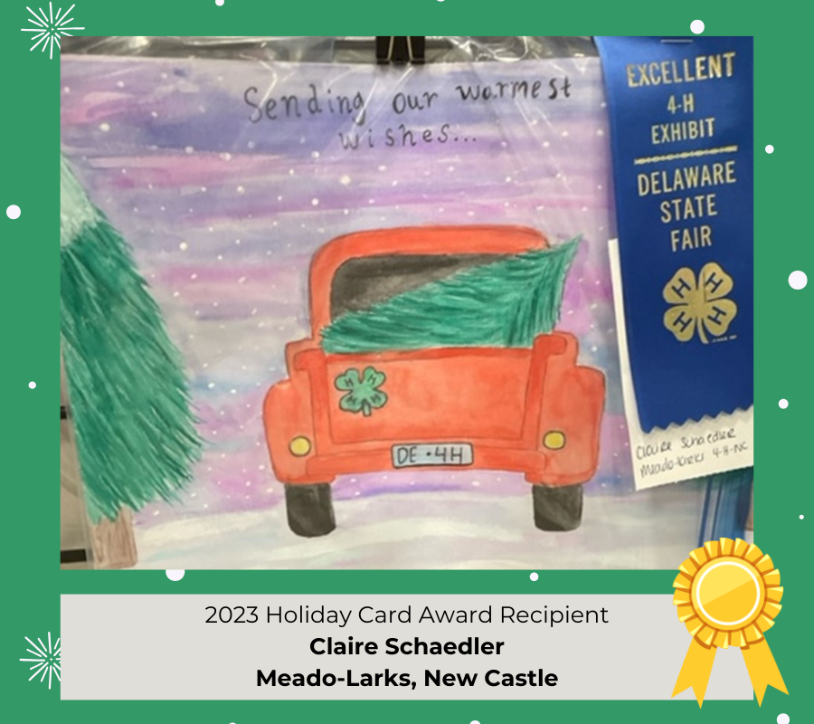 A hand-drawn card that features a red truck with a Christmas tree driving down a snowy road. A 4-H sticker is on the back. The caption reads: 2023 Holiday Card Award Recipient: Claire Schaedler, Meado-Larks, New Castle