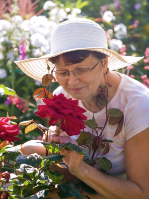 Woman wearing a wide-brimmed hat while working outside in her rose garden.