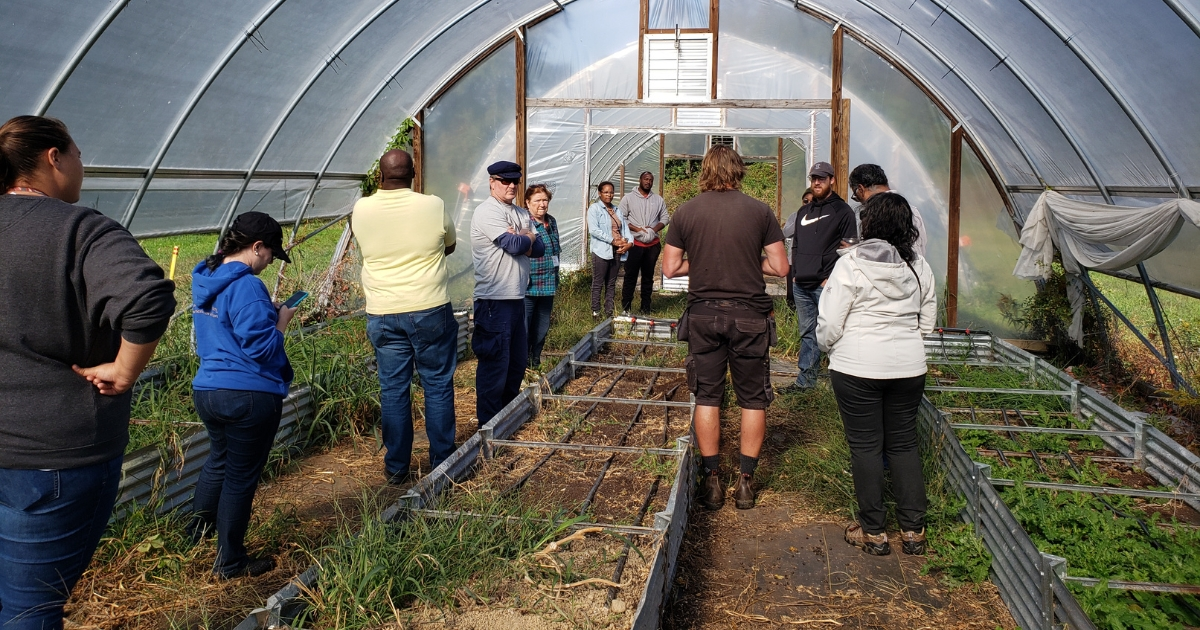 Participants in the Beginning Farmer Program standing in a green house