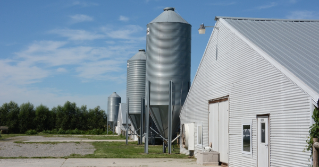 A poultry house next to silos