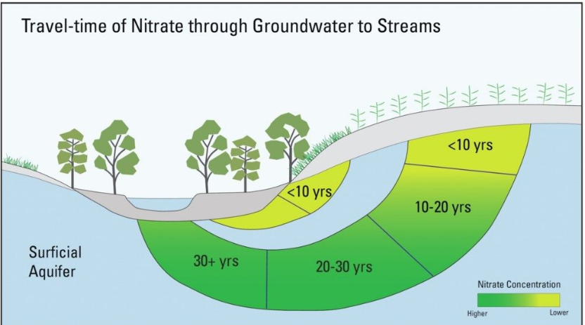 Visual representation of the travel time of Nitrate through Groundwater to Streams