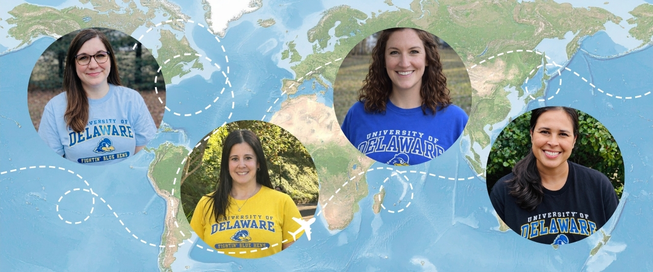 Portraits of four animal science alumni are place around a map of the world.