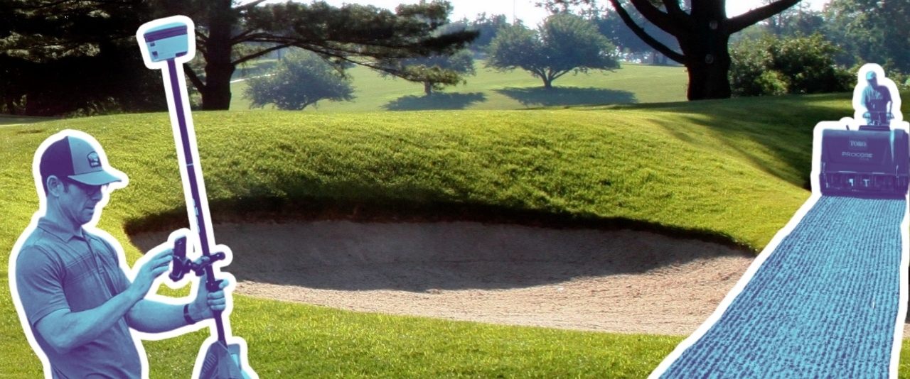 A compilation of a green golf course and images of those who maintain them at work.