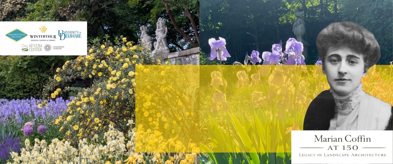 A collage of Marian Coffin and her garden work.