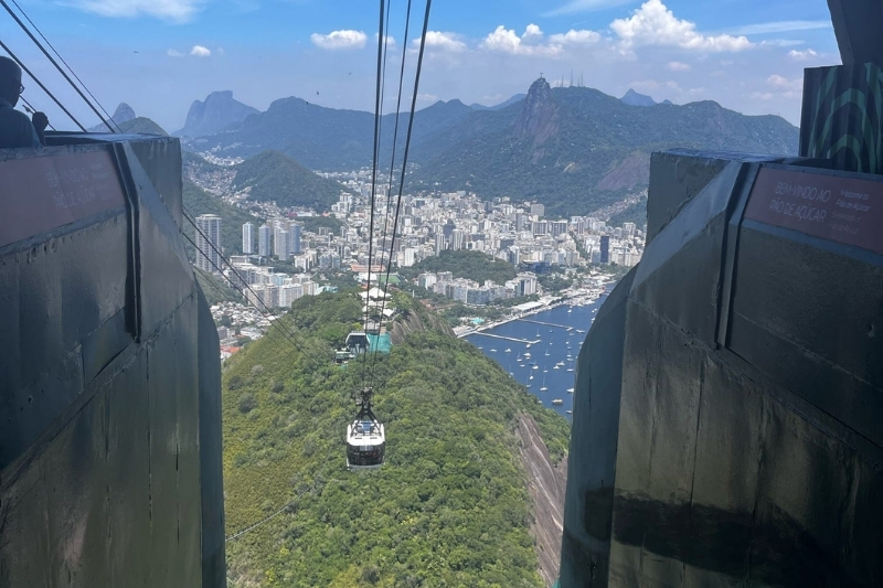 View of city, mountains and a cable car from the top of Sugarloaf Mountain.