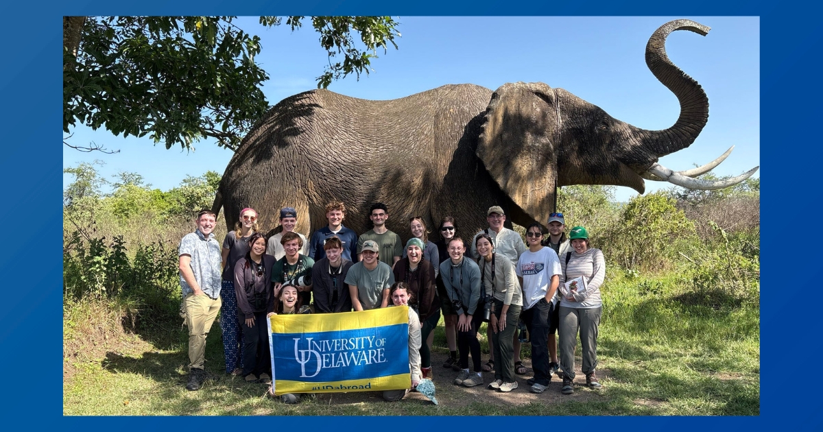 UD students hold a UD flag and stand in front of a lifelike elephant statue in Tanzania.