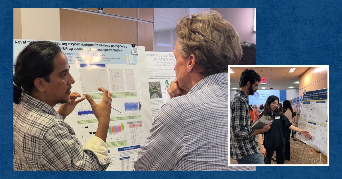 A composite image of students showing their research on poster boards to faculty.