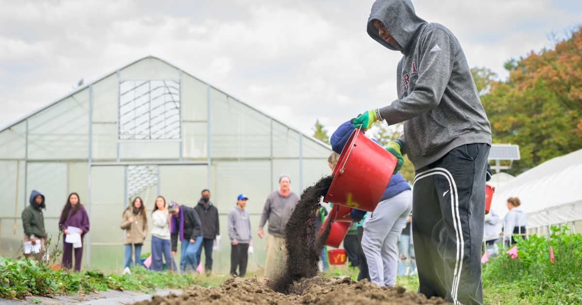 Students pour buckets of fertilizer onto a bed of soil to get it ready for planting.