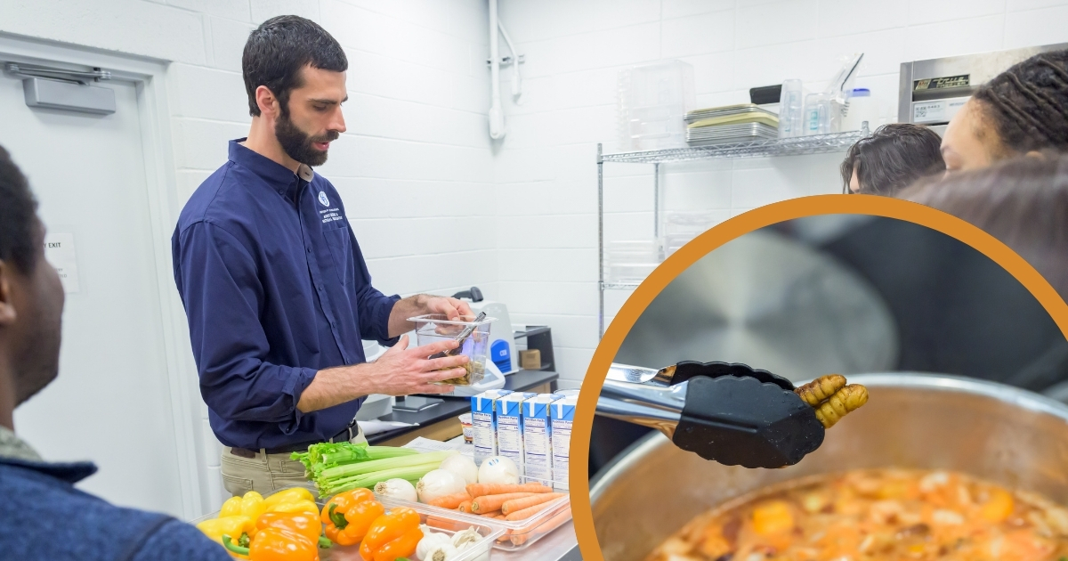 On the left, Michael Crossley stands in a kitchen with vegetables to make Sago worm and black bean chili. On the right is tongs holding two silkworms over  pot of chili.
