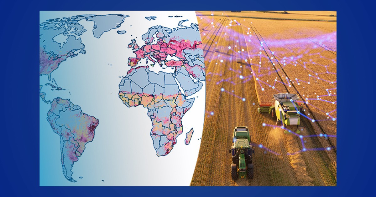 A map of drought around the world next to an image of farming equipment on a field.
