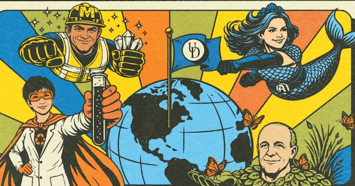 A comic book-style graphic of superheroes around Earth with a UD flag on the Earth.