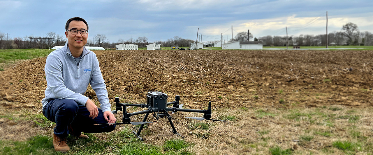 Department of Plant and Soil Sciences faculty member Yin Bao uses a DJI Matrice 350 RTK unmanned aerial vehicle (UAV).
